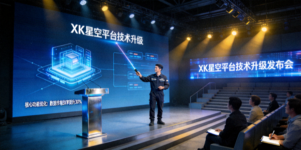 XK星空平台技术升级发布会现场，工程师讲解新功能